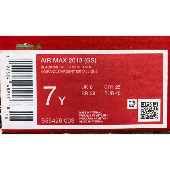 Nike Air Max 2013 Classic Black Volt Kids Size 7Y Shoes New In Box Fast Ship - Picture 9 of 9